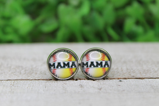 MAMA of Both Softball Baseball Glass Stud Earrings