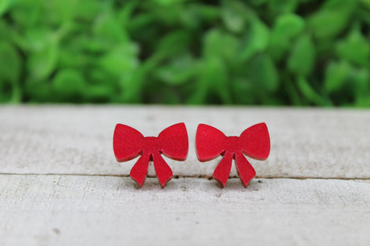 Red Shimmer Bow Stud Earrrings