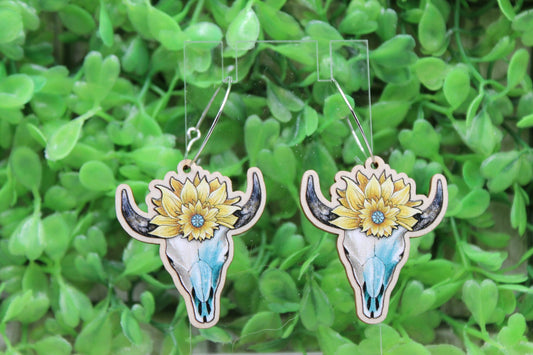 Sunflower Steer Skull Dangle Earrings