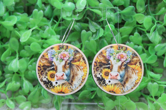Floral Sunflower Cow Dangle Earrings