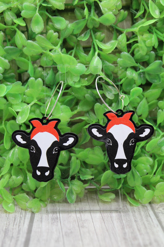 Cow with Red Headband Hoop Dangle Earrings