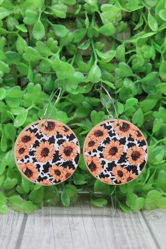 Sunflower on Cow Print Circle Wood Hood Dangle Earrings