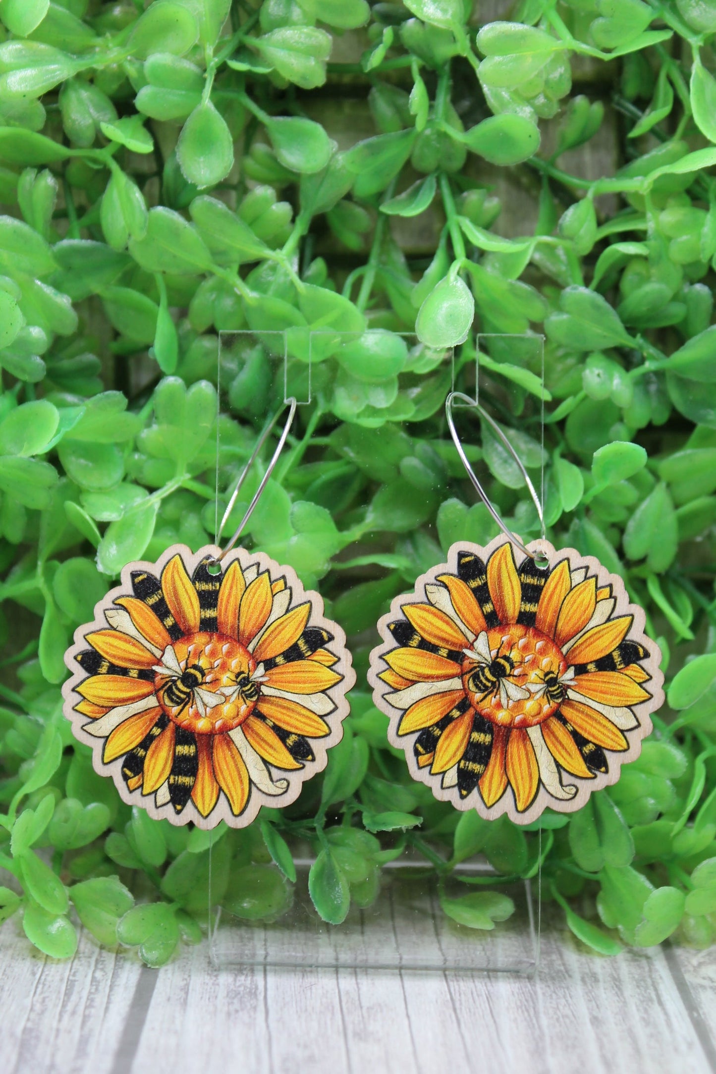 Honey Bee Sunflower Wood Hoop Dangle Earrings