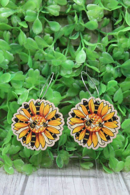 Honey Bee Sunflower Wood Hoop Dangle Earrings