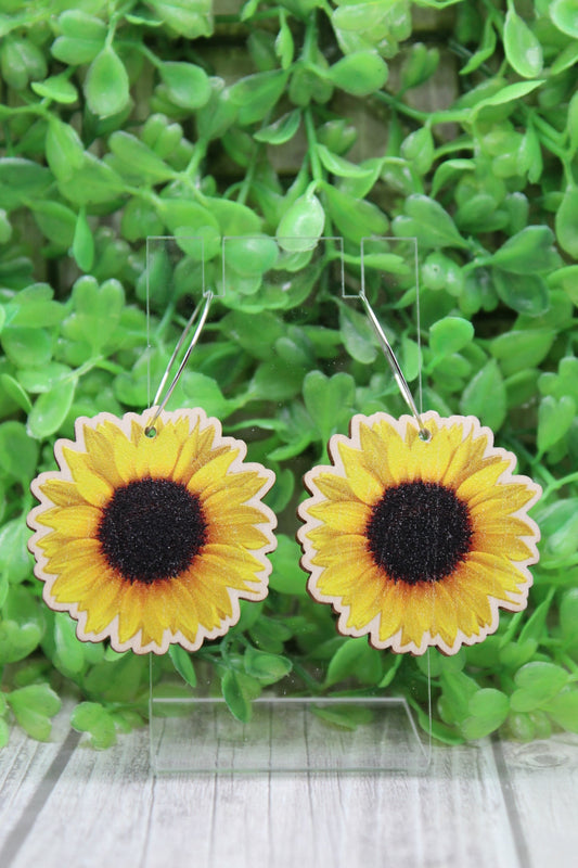 Large Sunflower Wood Hoop Dangle Earrings