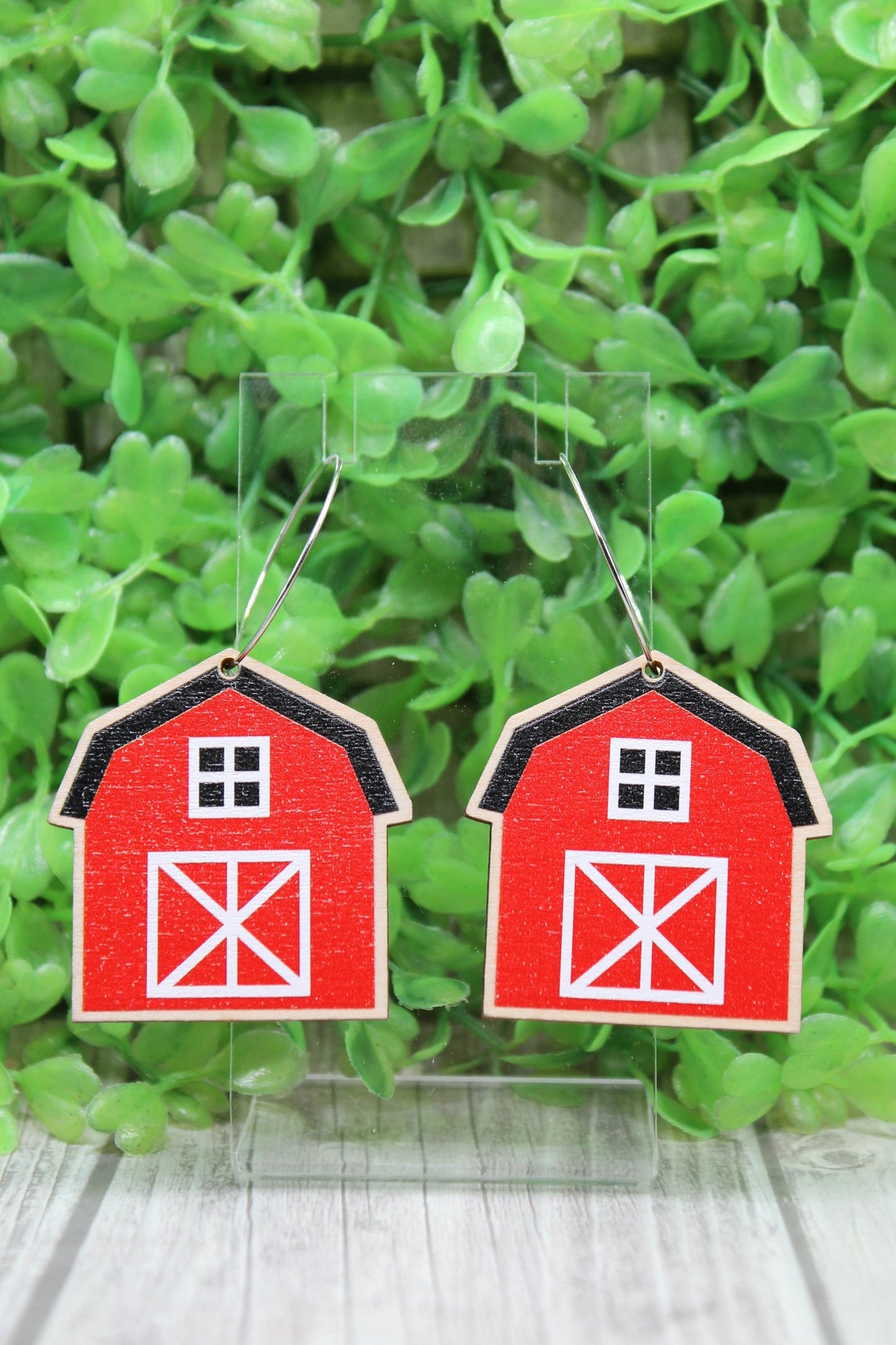 Red Barn Wood Hoop Dangle Earrings