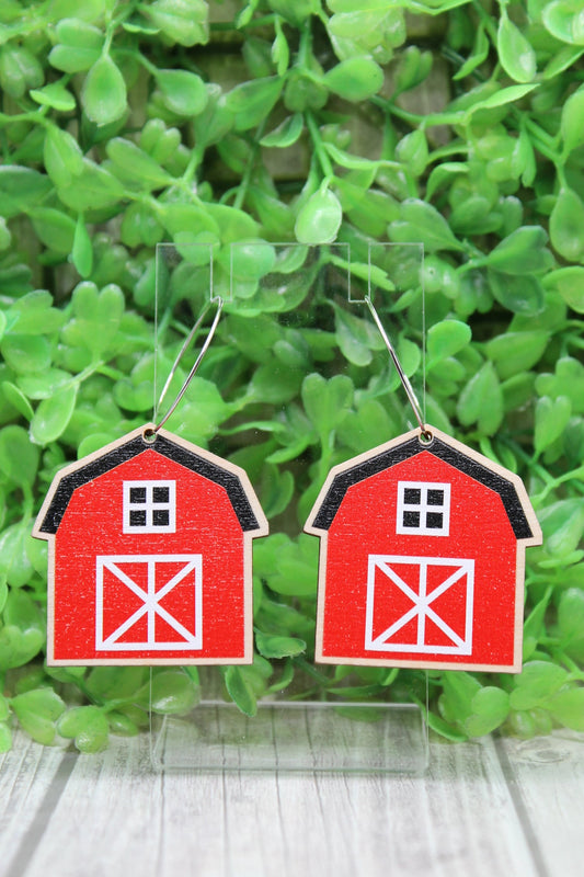 Red Barn Wood Hoop Dangle Earrings