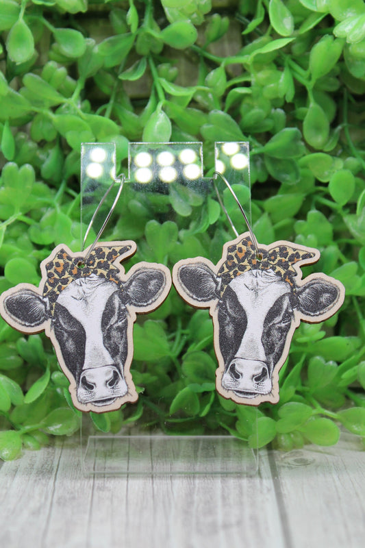 Leopard Headband Cow Wood Hoop Dangles Earrings