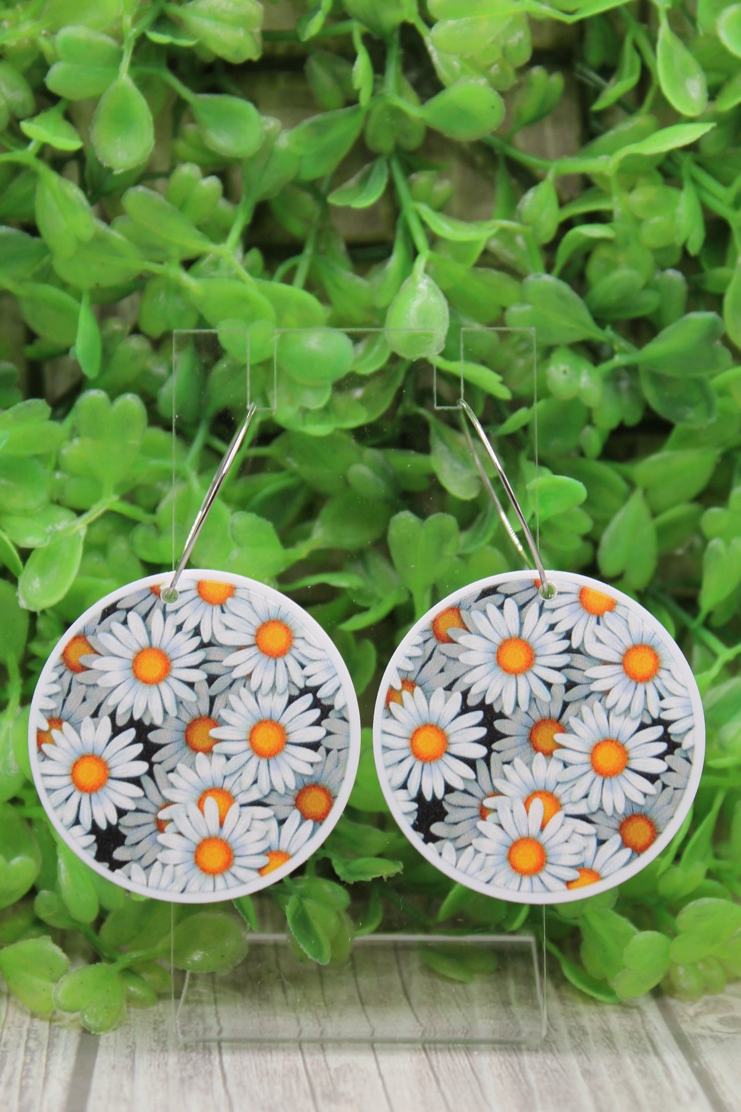 White Daisies Circle Hoop Dangle Earrings