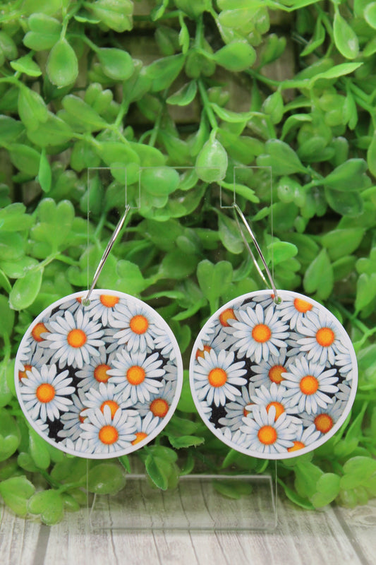 White Daisies Circle Hoop Dangle Earrings