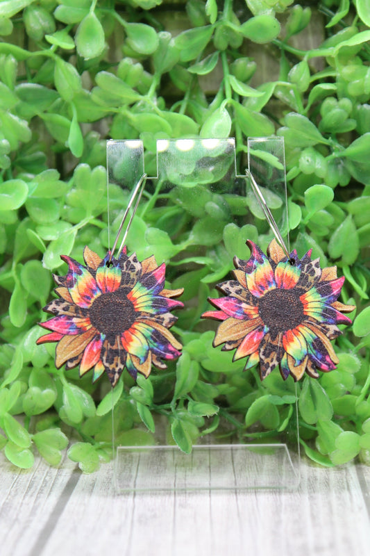 Tie Dye & Leopard Sunflower Cutout Wood Hoop Dangle Earrings