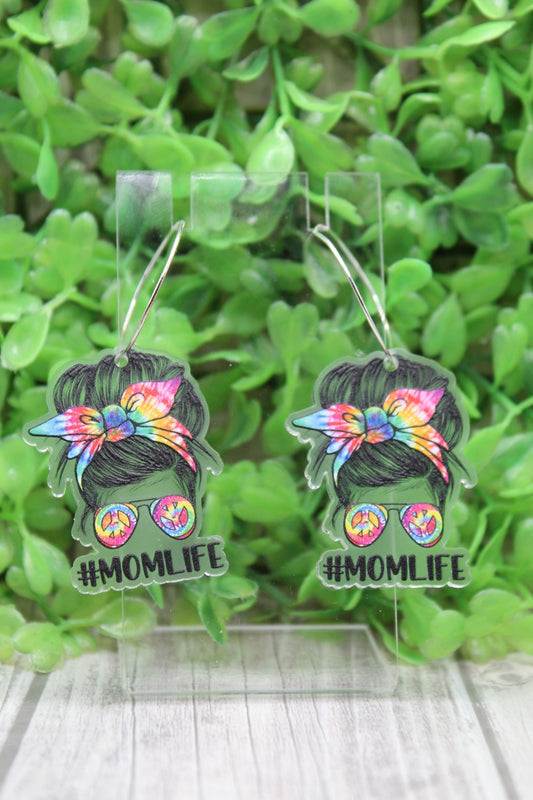 Mom Life Tie Dye Messy Bun Hoop Dangle Earrings