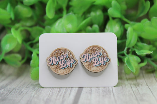 Nurse Life Wood Circle Stud Earrings