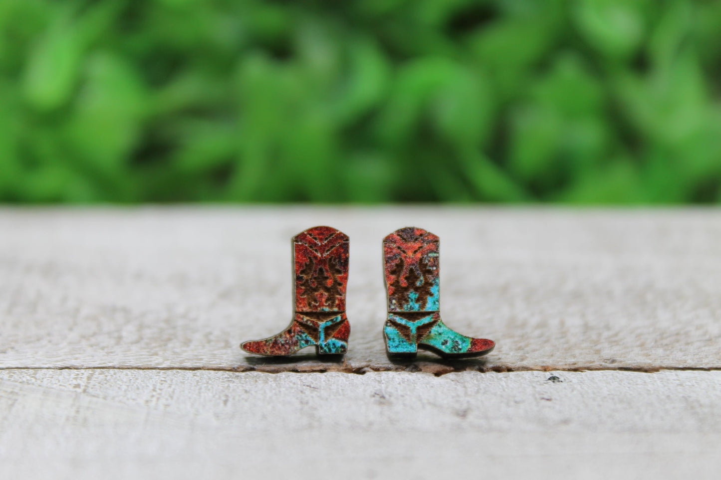 Rustic Patterned Western Boots Stud Earrings