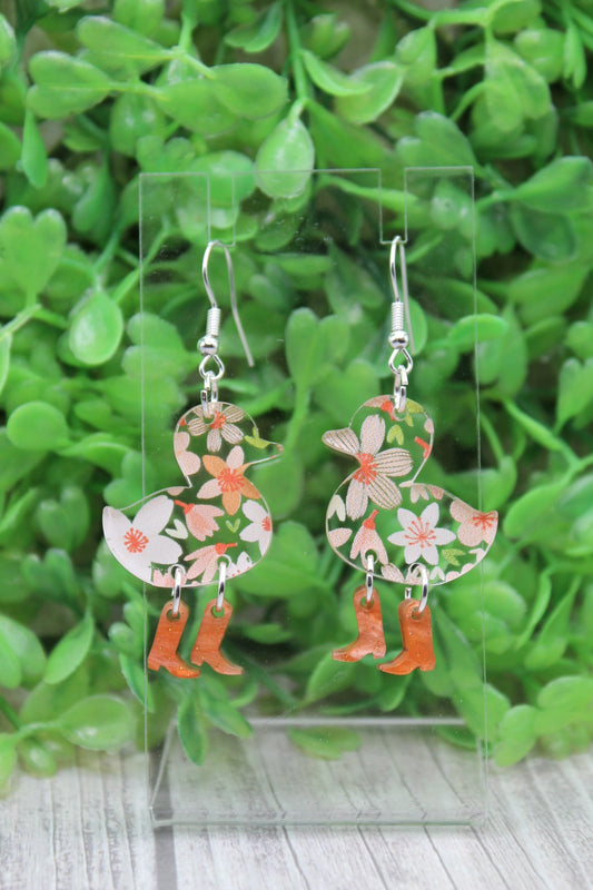 Peach Floral Ducks with Boots Dangle Earrings