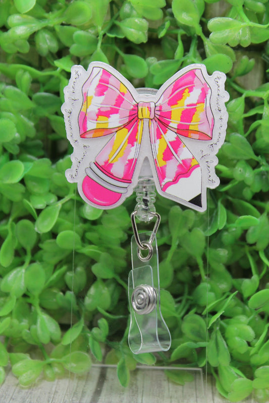 Teaching is a Work Of Heart Pencil Bow Badge/ID Holder Reel