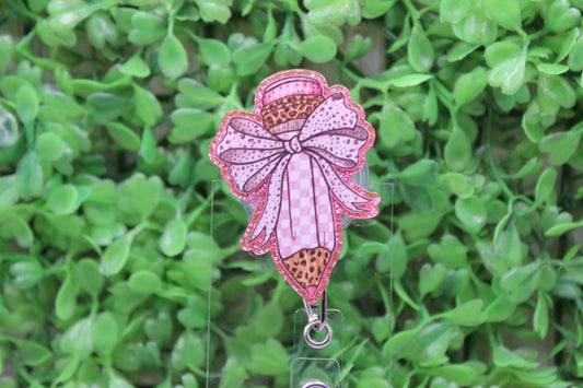 Pink Checkered and Leopard Pencil with Bow Badge/ID Holder Reel