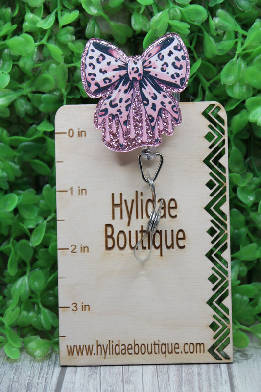 Pink Leopard Dripping Bow Badge/ID Holder Reel
