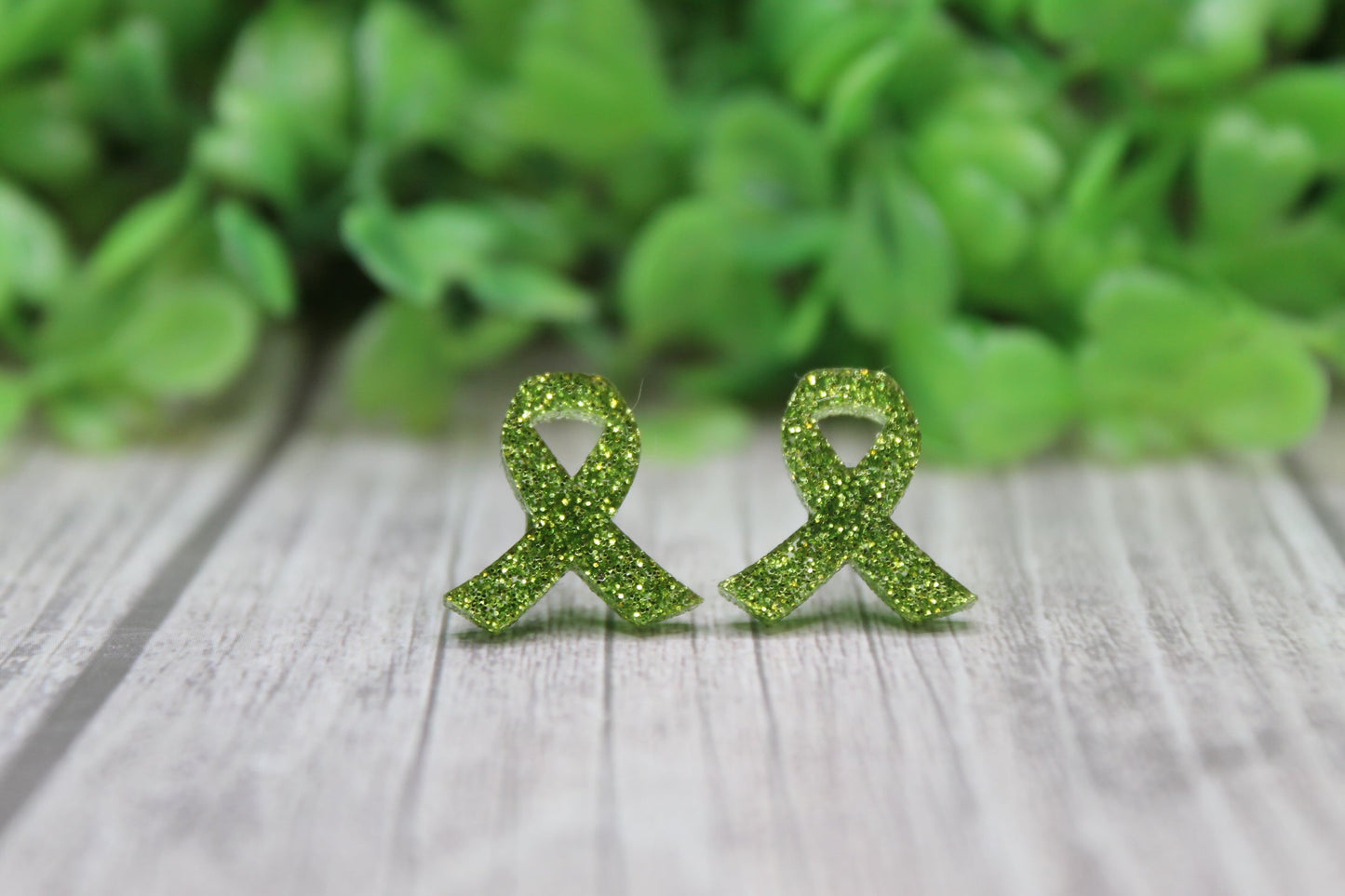 Green Glitter Awareness Ribbon Stud Earrings