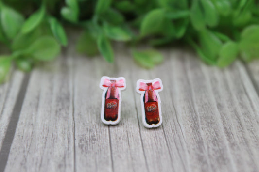 Pink Bow Dr Pepper Bottle Stud Earrings
