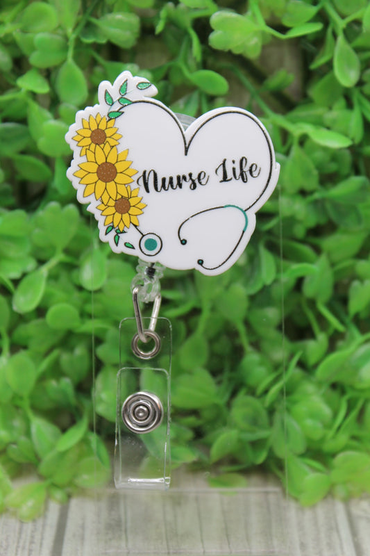 Nurse Life Stethoscope Sunflowers Heart Badge/ID Holder Reel