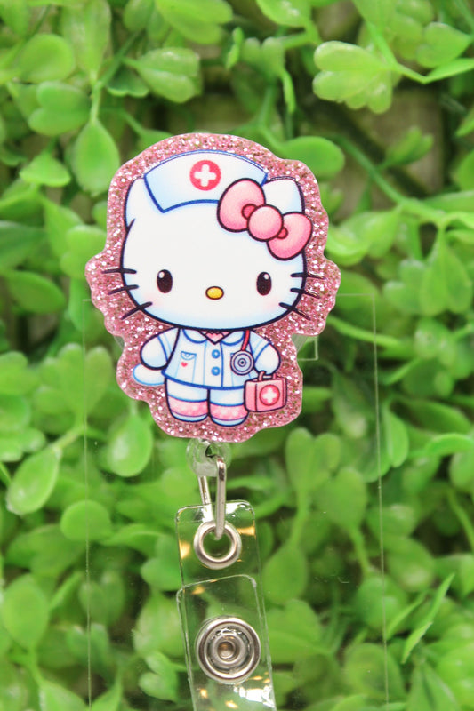 Nurse Pink Glitter Cat Badge/ID Holder Reel