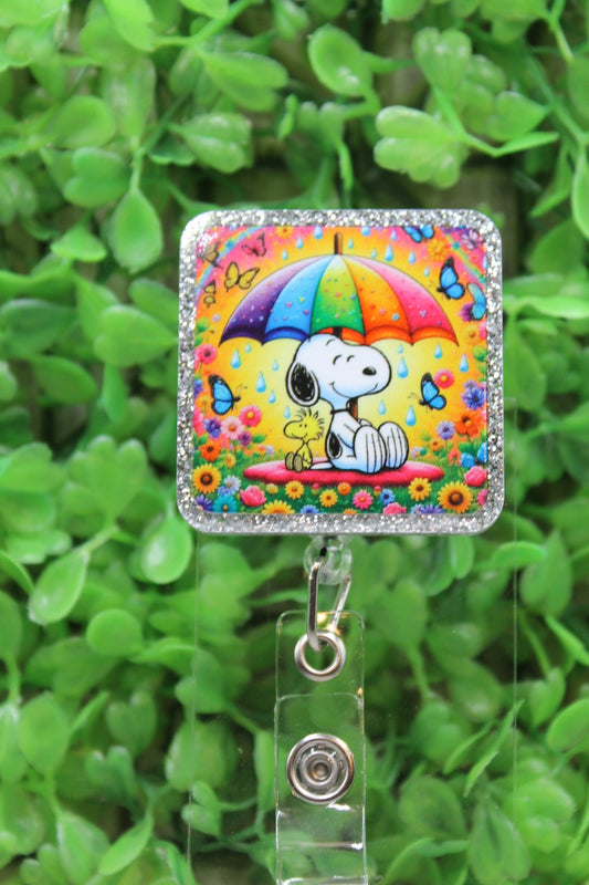Umbrella & Flowers White Dog Square Badge/ID Holder Reel