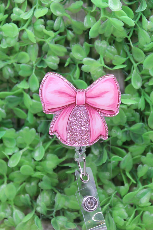 Pink Bow on Pink Glitter Badge/ID Holder Reel