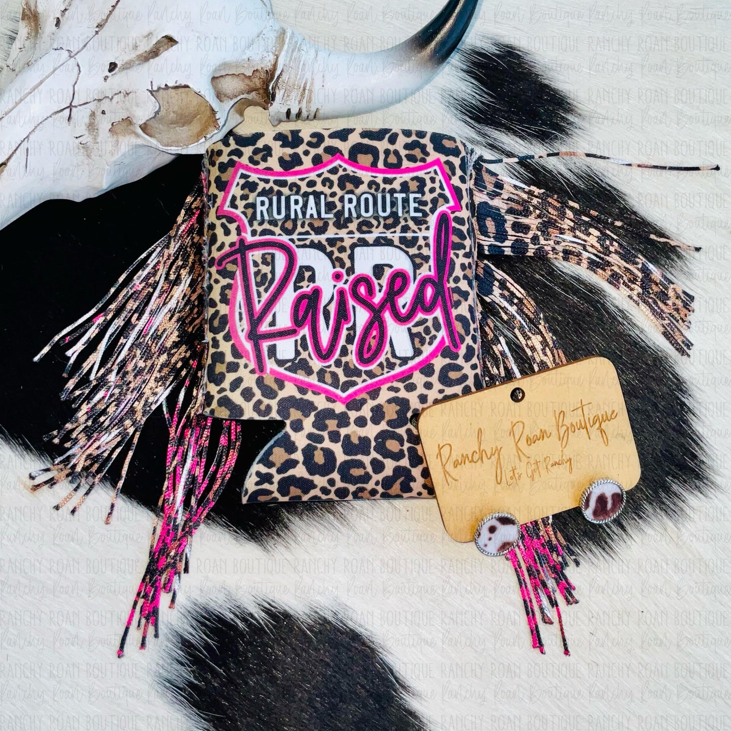 Rural Route Raised Leopard Fringe Western Koozie