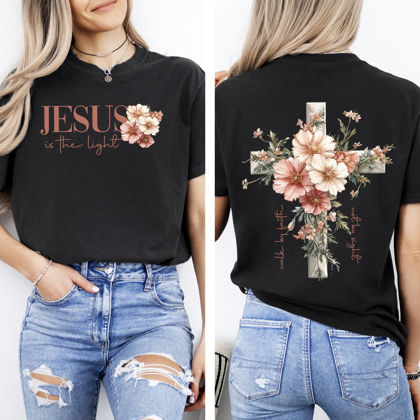 Jesus Is The Light, Floral Cross, Christian, Jesus, Gospel, Faith, Saved Tshirt Comfort Colors T-Shirt