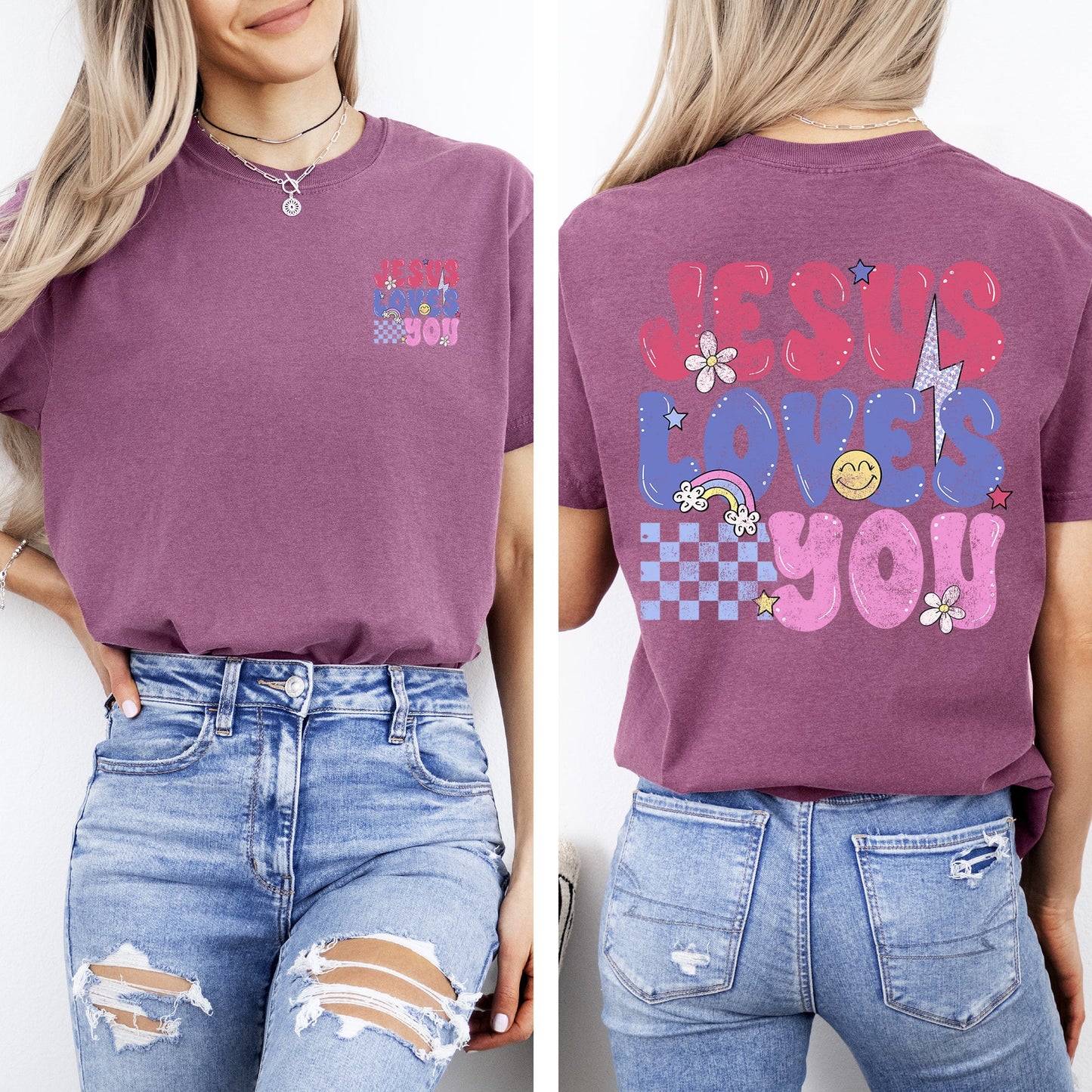 Jesus Loves You, Colorful, Positivity, Faith, Gospel, Bible, Love, Front and Back, Comfort Colors T-Shirt