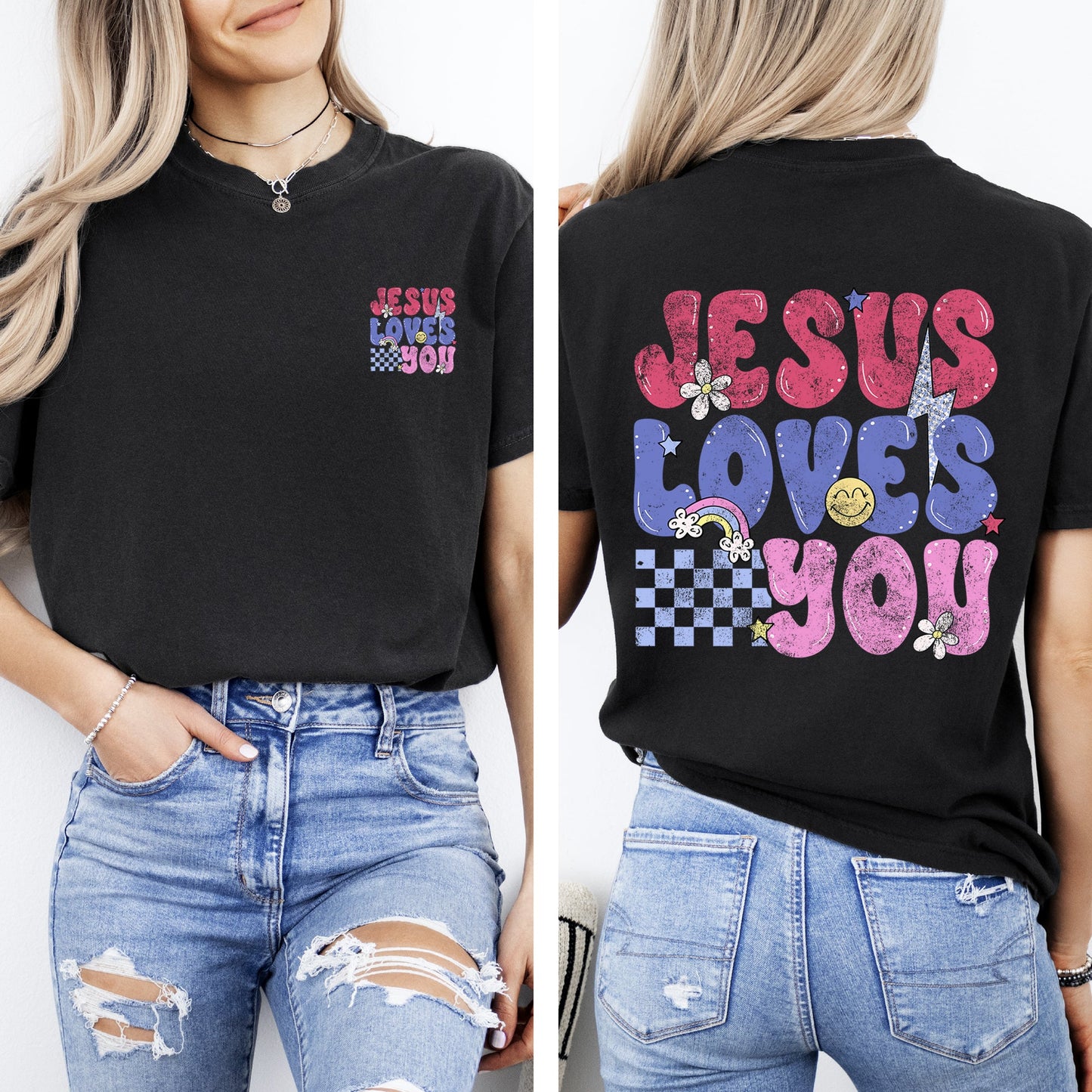 Jesus Loves You, Colorful, Positivity, Faith, Gospel, Bible, Love, Front and Back, Comfort Colors T-Shirt