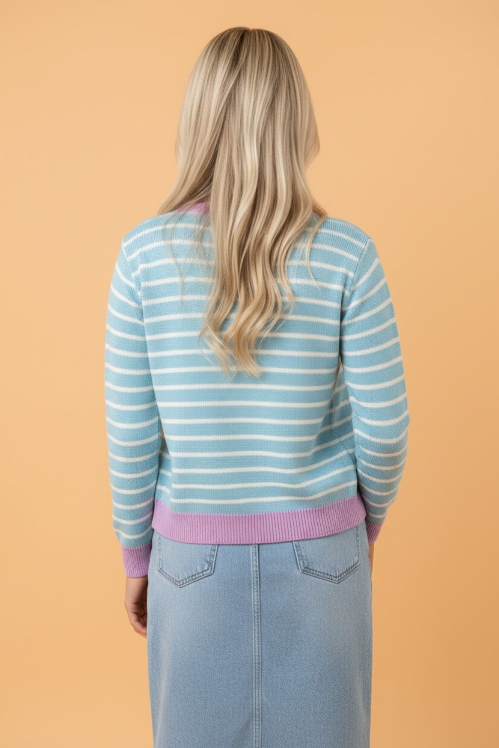 Stripe Long Sleeve Round Neck Open Front Cardigan