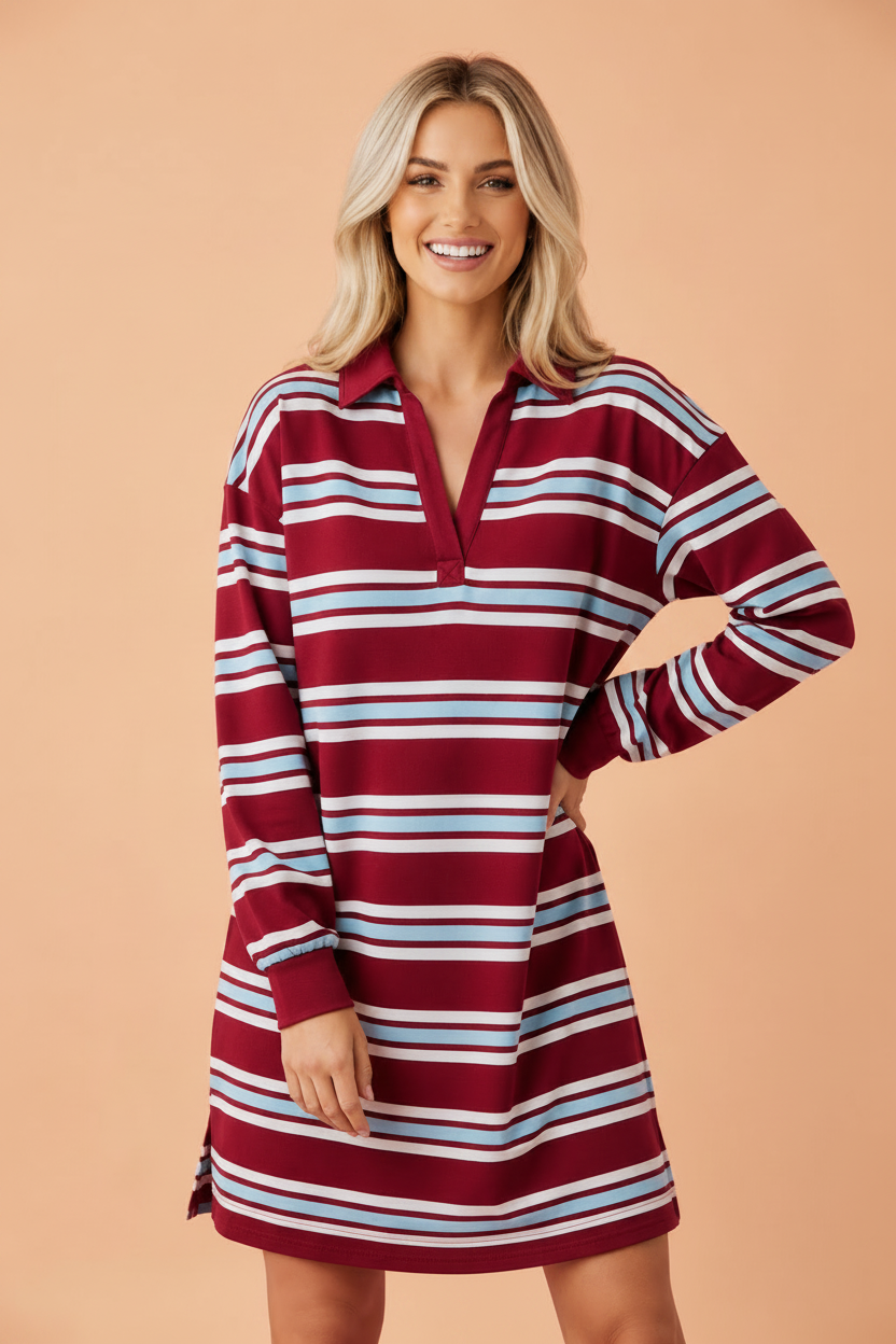 Stripe Polo Collar Long Sleeve T-Shirt Mini Dress