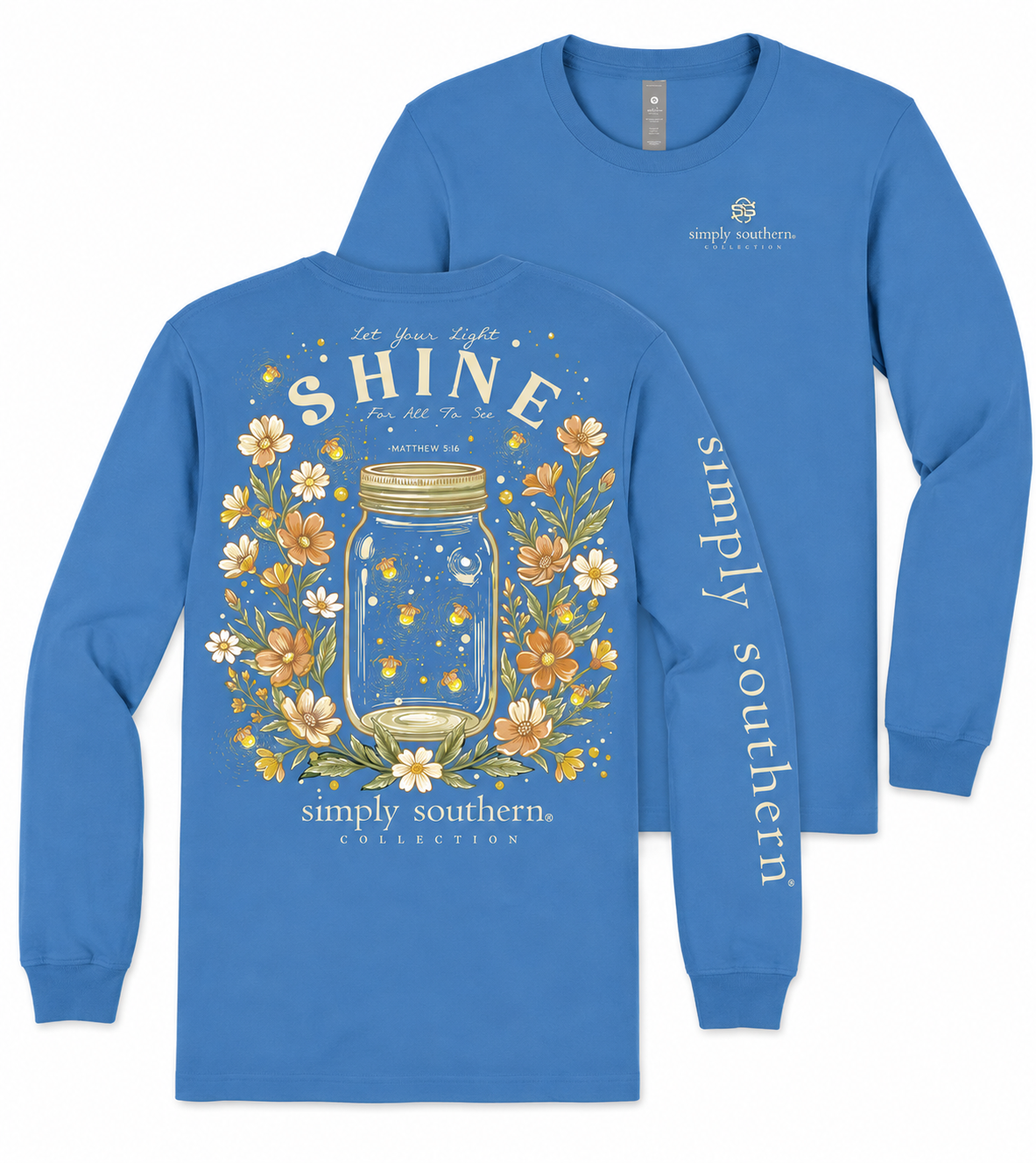 Let Your Light Shine, For All To See - Matthew 5:16 - Fireflies - Flowers - Mason Jar - SS - F26 - YOUTH Long Sleeve