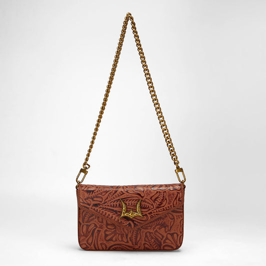 Loyal West LW ON THE GO MINI CHAIN BAG IN HAND FINISHED EMBOSSED LEATHER - BROWN