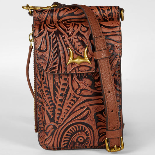 Loyal West SHELL PHONE BAG  IN HAND FINISHED EMBOSSED LEATHER - BROWN