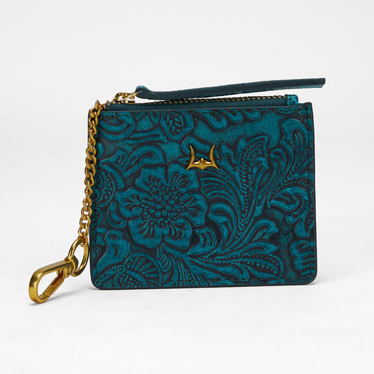 Loyal West SOPHIA CREDIT CARD HOLDER IN HAND FINISHED EMBOSSED LEATHER -  TURQUOISE
