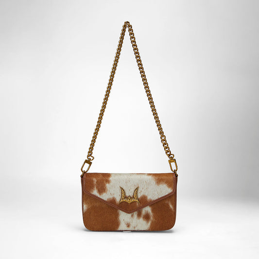 Loyal West The LW On The Go Mini Chain Bag- In Brown & white Cowhide and calfskin