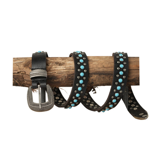 Midnight Ranger Western Leather Belt - Calfskin with Turquoise Stones