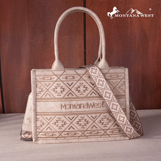Montana West Tan Whipstitch Aztec Embroidered Concealed Carry Tote