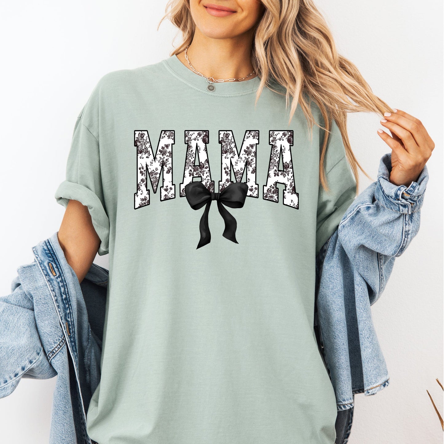 Mama, Bow, Ribbon, Black, Chinoiserie, Coquette, Varsity, Mother's Day Tshirt Comfort Colors T-Shirt