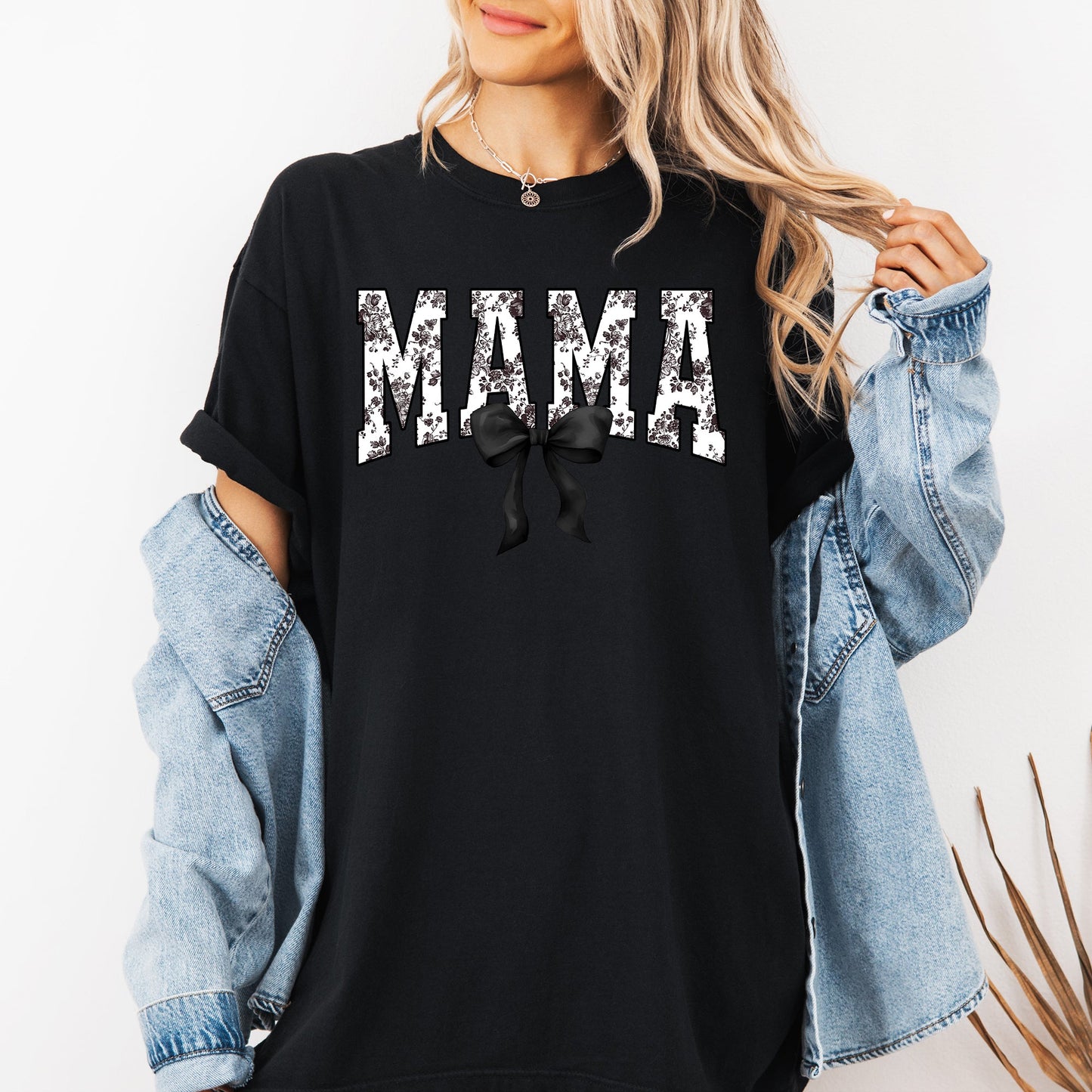 Mama, Bow, Ribbon, Black, Chinoiserie, Coquette, Varsity, Mother's Day Tshirt Comfort Colors T-Shirt