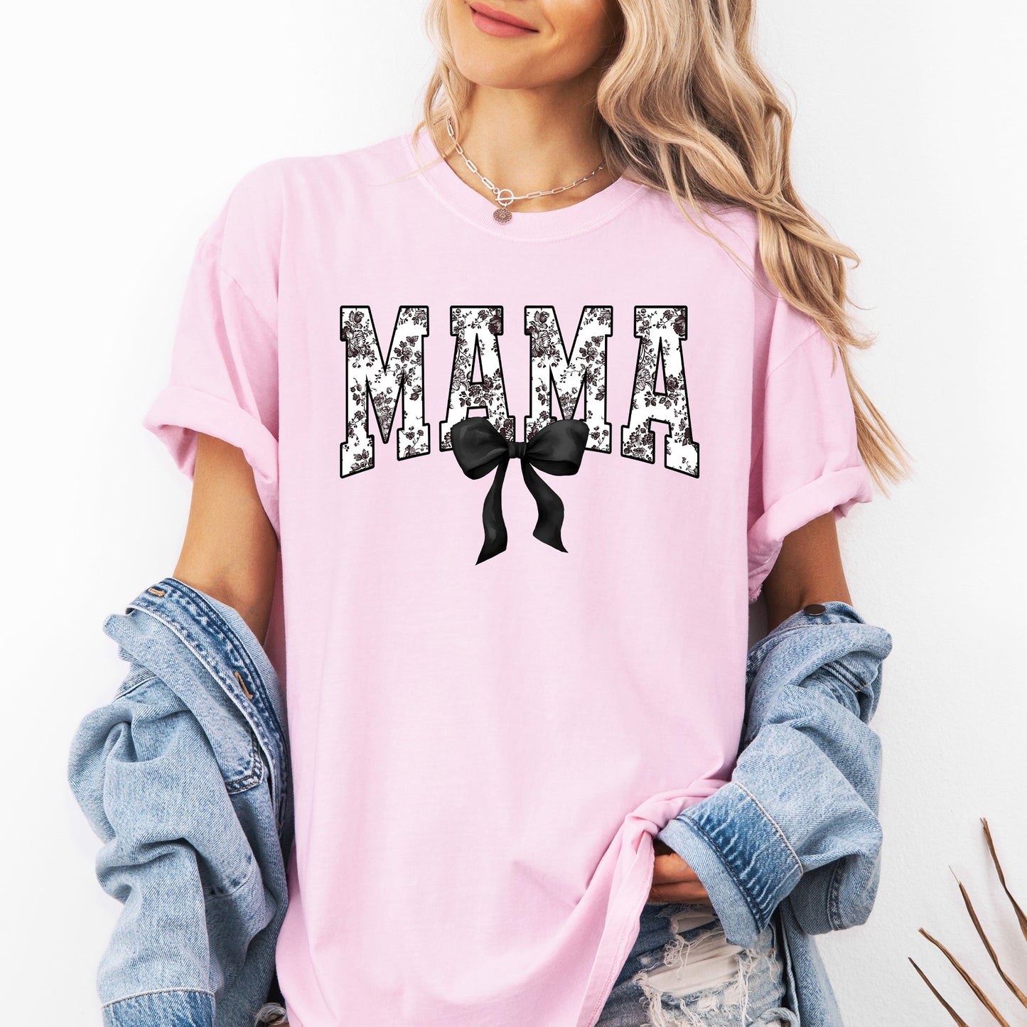 Mama, Bow, Ribbon, Black, Chinoiserie, Coquette, Varsity, Mother's Day Tshirt Comfort Colors T-Shirt