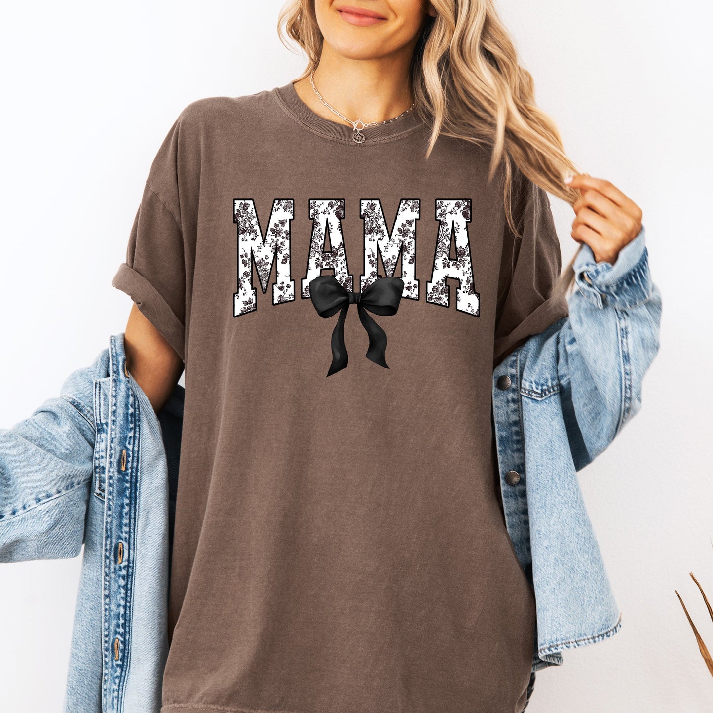 Mama, Bow, Ribbon, Black, Chinoiserie, Coquette, Varsity, Mother's Day Tshirt Comfort Colors T-Shirt