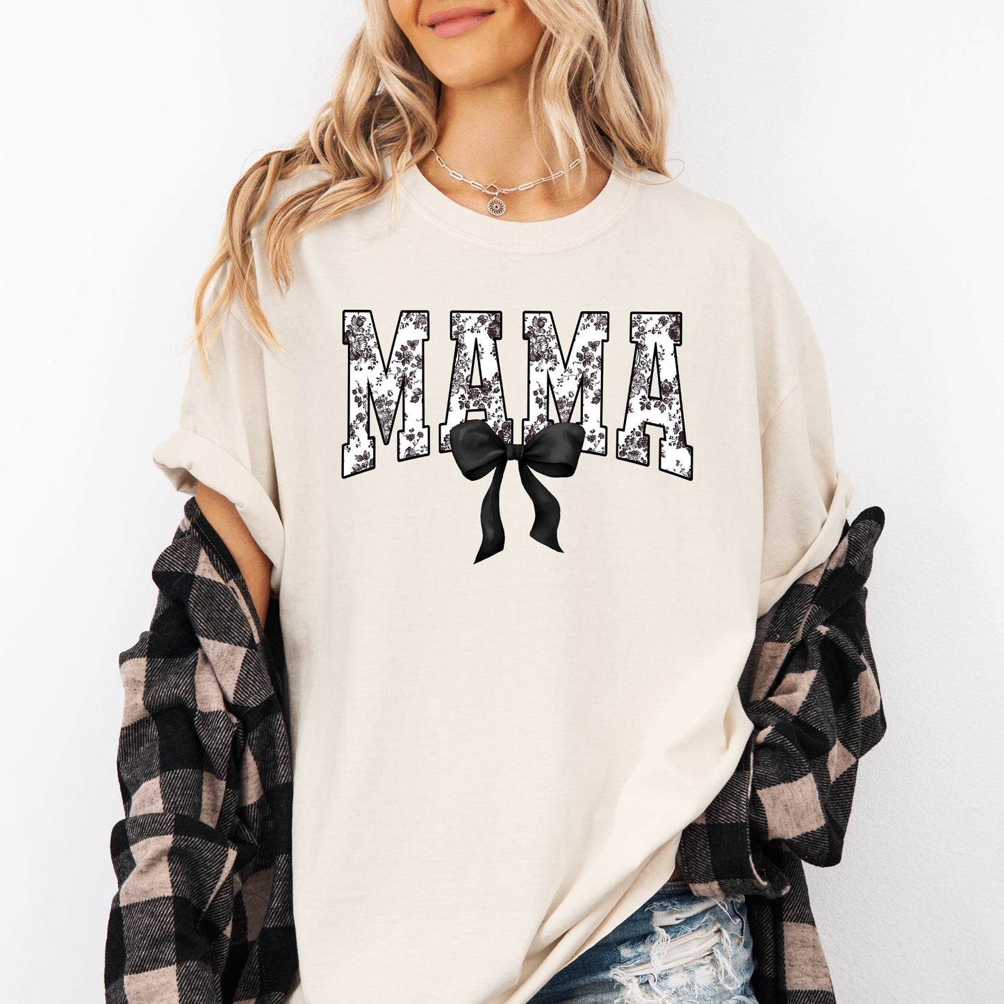 Mama, Bow, Ribbon, Black, Chinoiserie, Coquette, Varsity, Mother's Day Tshirt Comfort Colors T-Shirt