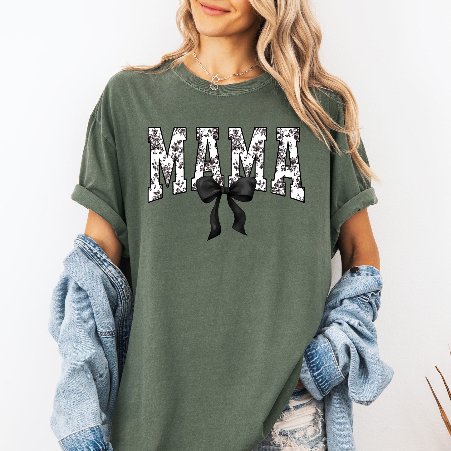 Mama, Bow, Ribbon, Black, Chinoiserie, Coquette, Varsity, Mother's Day Tshirt Comfort Colors T-Shirt
