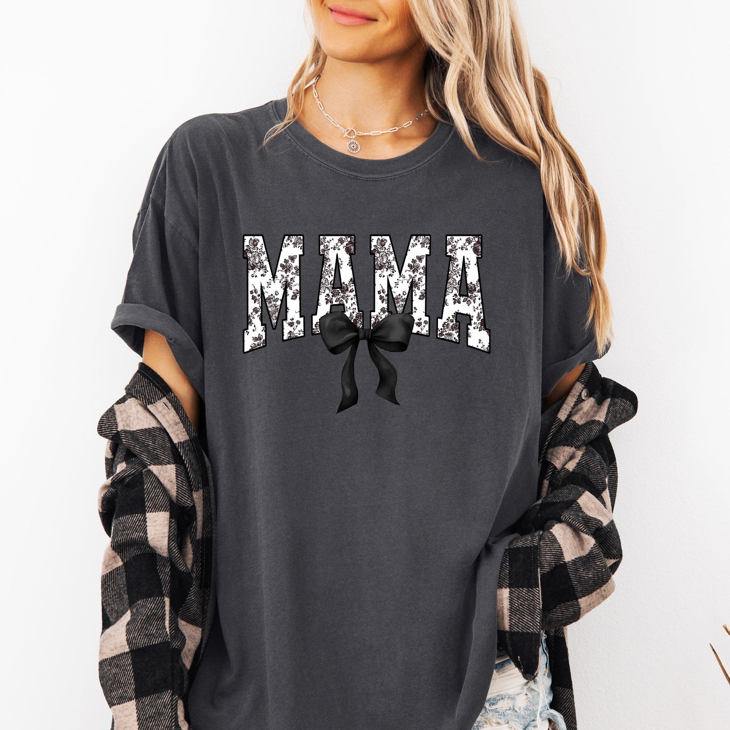 Mama, Bow, Ribbon, Black, Chinoiserie, Coquette, Varsity, Mother's Day Tshirt Comfort Colors T-Shirt