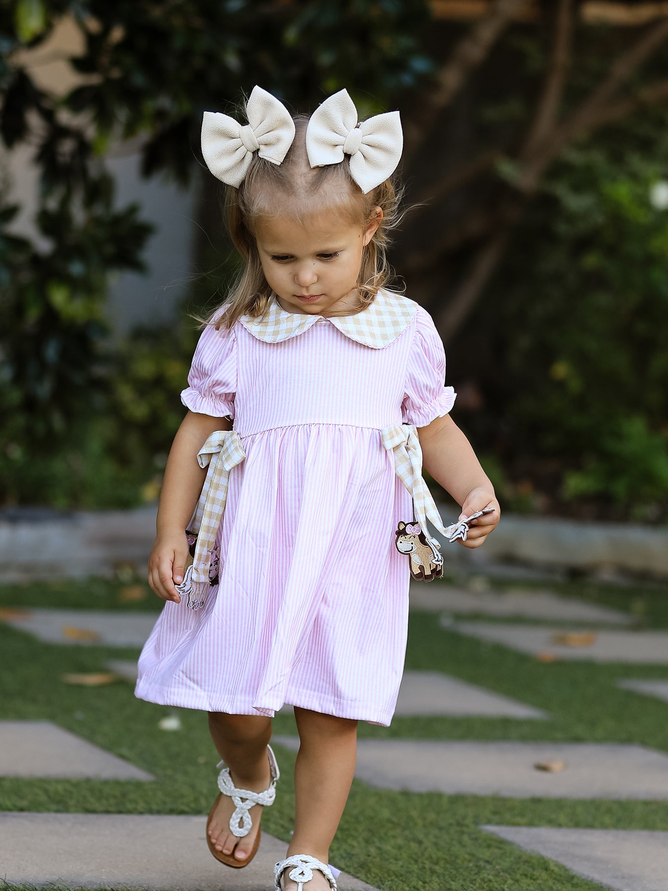 Farm Horse Bow Girls Dress – Pink Stripes