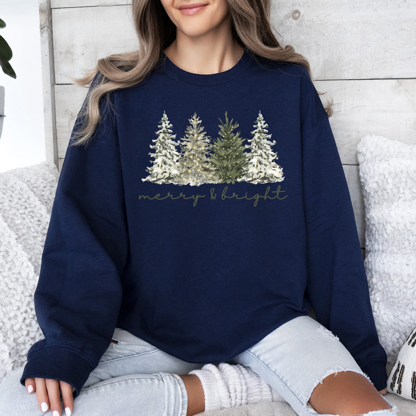 Merry and Bright, Christmas Trees, Santa, Snowflakes Sweatshirt